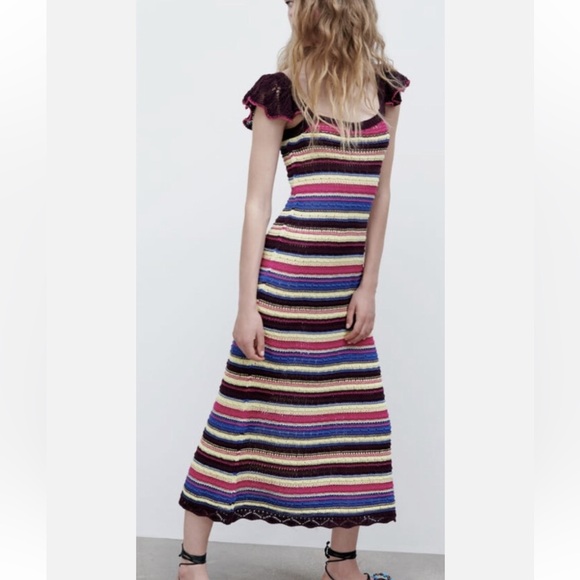 Zara Special Edition crochet knit striped maxi dress ruffled straps size small - Picture 3 of 9